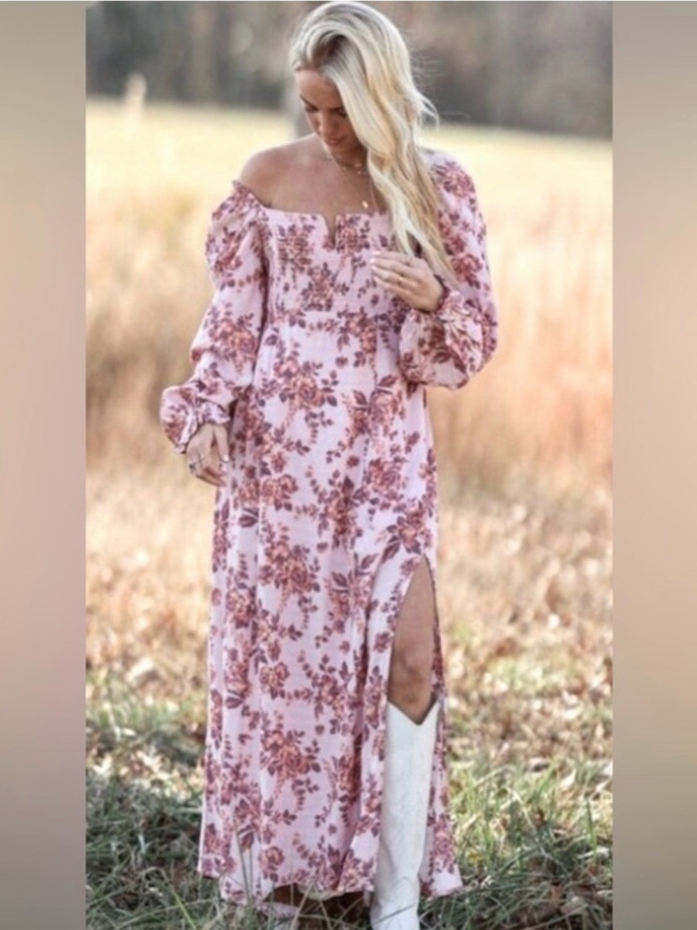 Free People Pink Floral Off-Shoulder Maxi with Side Slit
